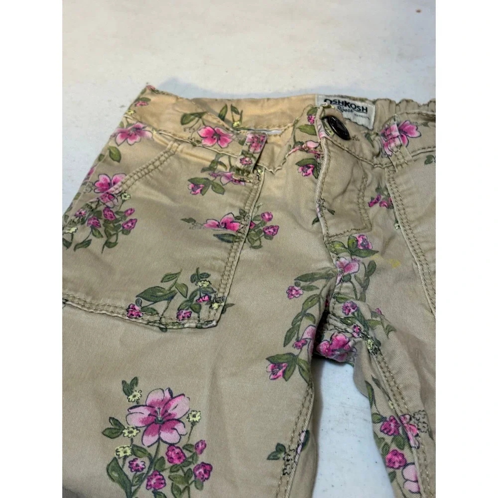 Vintage OshKosh Girls Khaki Floral Utility Pants Straight Leg Tan Pink Size 5